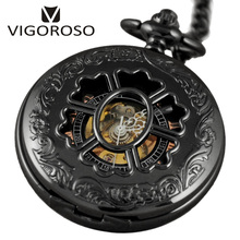 VIGOROSO, черный сплав, цветочный корпус, Механические карманные часы, с ручным заводом, Скелетон, винтажные часы для мужчин и женщин, подарки с цепочкой FOB 2024 - купить недорого