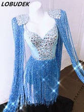 Sexy V-neck Pink Blue Rhinestones Tassels Epaulet Bodysuit Fashion DJ Female Singer Stage Wear Nightclub Dancer Costume Outfits 2024 - buy cheap