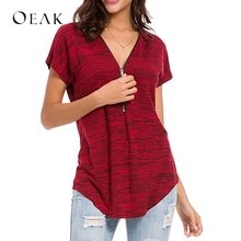 OEAK Women Short Sleeve Summer T-Shirt Casual Zipper V-Neck Tee Shirts 2018 Female Top Clothes Loose Camiseta Mujer 2024 - buy cheap