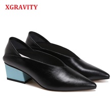 Xgravity-sapato feminino com design exclusivo, elegante, cores variadas, calçado de salto médio, bico fino, design v retrô 2024 - compre barato