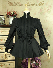 Кружевная садовая Фирменная винтажная женская блузка с каскадными оборками и рукавами-фонариками черная Лолита с бантом 2024 - купить недорого