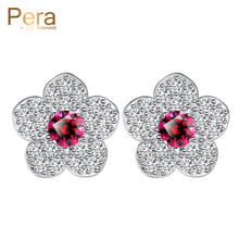 Pera Trendy Big Sun Flower Shape Cubic Zirconia Silver Color Jewelry Red Stone Paved Cute Stud Earrings For Ladies E109 2024 - buy cheap