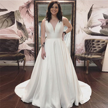 Sleeveless V-neck Simple A-line Wedding Dress Custom White Ivory Satin Chapel Train Vestido De Novia 2020 New Bridal Dresses 2024 - buy cheap