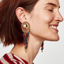 Boho Ethnic Multi-color Crystal Beaded Tassel ZA Earrings Women Indian Jewelry Round Geometric Statement Dangle Drop Earrings 2024 - buy cheap