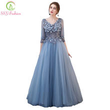 SSYFashion New The Banquet Elegant Gery Blue Lace Flower Evening Dress Half-sleeved Long Party Formal Gown Robe De Soiree Custom 2024 - buy cheap