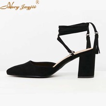 Nancyjayjii Black Flock Rome Women’S Gladiator Pumps Almond Toe Super High Chunky Heels Ladies Office Party Casual Shoes 2021 2024 - buy cheap