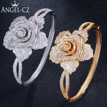 ANGELCZ Brand Luxury Design AAA Zircon Full Pave Setting Trendy Big Flower White Golden Open Hand Cuff Bangle For Women AB133 2024 - buy cheap