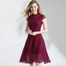 Dress Summer Chiffon 2019 Women's New Stand Collar Short Sleeved Embroidered Solid Color Slim A-Line Wine Red Dress Knee Length 2024 - buy cheap