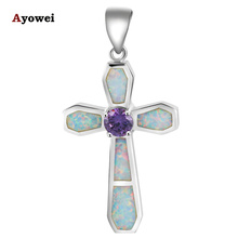 Elegant purple crystal Cross design White Fire Opal stamp silver plated Nacklace Pendants Crystal Fashion jewelry OP519A 2024 - buy cheap