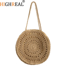 HIGHREAL-Bolso de hombro redondo tejido a mano para mujer, bolsa bohemia de paja para playa, viaje, compras, de mimbre 2024 - compra barato