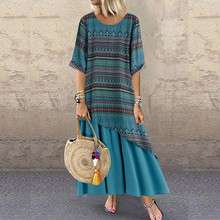 Loose Long Dress Plus Size Women Summer Vintage Print Boho Patchwork Short Sleeve Maxi Dress Casual Folk Style Long Vestidos 2024 - buy cheap