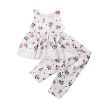 Милый комплект летней одежды с цветочным рисунком для маленьких девочек, кружевная хлопковая блузка для девочек топ + длинные штаны, брюки комплект одежды 2024 - купить недорого