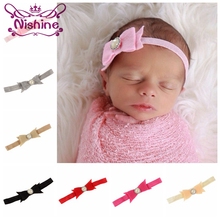 Nishine 17 Colors Newborn Felt Bow Elastic Headband With Pearl Rhinestone Center Bow Hair Bands Birthday Gift Photo Props 2024 - buy cheap