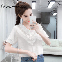Summer Sweet Blouse Women Fashion Chiffon Blouse Shirt Tops Lace Patchwork Shirt Blusas Casual Short Sleeve V Neck Solid Tops 2024 - buy cheap
