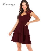 Ziamonga Spring Elegant High Waist Ruffles Pleated Dress Women Sleeveless O-Neck Sexy Lace Dress Robe Femme 2018 A-Line Dresses 2024 - buy cheap
