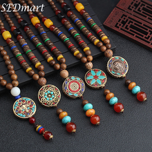 SEDmart Retro Ethnic Wood Lotus Buddha Beads Pendant Necklaces Women Nepalese Mantra Wooden/Glass Beaded Sweater Necklace Gifts 2024 - buy cheap