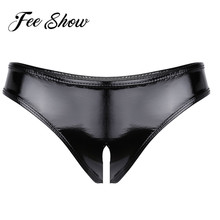 Women's Latex Crotchless Panties Sexy Lingerie Wet Look Patent Leather Open Crotch Leather Underwear High Cut Mini Bikini Briefs 2024 - buy cheap