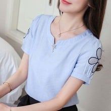 Women Spring Summer Style Blouses Shirts Lady Casual Short Sleeve O-Neck Blue White Embroidery Blusas Tops DF2710 2024 - buy cheap