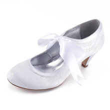 Meados de saltos rendas sapatos de casamento feminino dedo do pé redondo fita laço até salto alto casamento nupcial vestido de festa bombas 2024 - compre barato