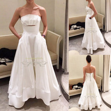 Vestido de novia Vintage sin tirantes, con volantes, cremallera, longitud hasta el suelo, satén, con bolsillos 2024 - compra barato