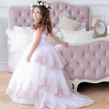 White Flower Girl Dress with train Lace Layered First Communion Dresses  gown Pageant Party Birthday Gown 2024 - buy cheap