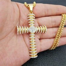 Vintage Christian Jesus Cross Pendant Necklace For Men Gold Color Stainless Steel Iced Out Full Rhinestones Bling Jewelry 2024 - buy cheap