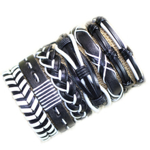 Handmade  Wholesale 6pcs/lot Multilayer Weave Wrap Hemp&Genuine Charm Black&White leather bracelets-S78 2024 - buy cheap