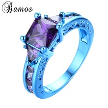 Bamos-anillo cuadrado púrpura elegante de circonita AAA, anillos de dedo del fiesta de boda rellenos de oro azul para hombre y mujer, Día de San Valentín RC0040 2024 - compra barato