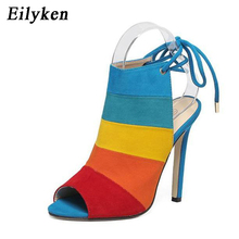 Eilyken-sandalias de verano con cordones para mujer, calzado con correa en el tobillo, colores combinados, color azul aterciopelado, talla 35-40, 2021 2024 - compra barato