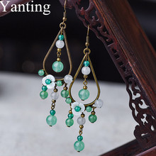 Yanting Long Water Drop Earrings For Women Girls Natural Aventurine Stone Vintage Earring Shell Flower Ethnic Earings 0425 2024 - buy cheap