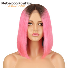 Peruca rebecca curta de cabelo humano com renda, peruca para mulheres negras de cabelo remy peruano com ombré # rosa 158g 2024 - compre barato