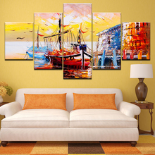 Wall Art Canvas Paintings Frame 5 Pieces Ship Boat Ashore Sea sunrise Landscape HD Prints Poster Pictures Living Room Home Decor 2024 - buy cheap