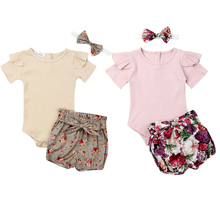 Roupas infantis casuais para meninas, macacão + calça curta floral + tiara para recém-nascidos de verão, 3 peças 2024 - compre barato