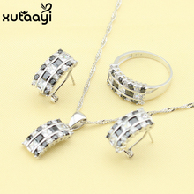 Xutaayi preto zircônia cúbica cristal branco moda conjuntos de jóias de prata soberba colar anéis brincos jóias de casamento 2024 - compre barato