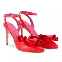 Moraima-zapatos de tacón alto con punta estrecha para mujer, adornos con volantes de cuero rojo, con correa en el tobillo, para fiesta 2024 - compra barato