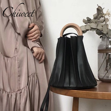 Women Pleated Leather Handbags Luxury Wood Ring Top-Handle Bucket Bags Designer Ladies Tote Messenger Bags Brand Shoulder Bag 2024 - buy cheap