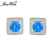 JUNXIN Square Blue/White Fire Opal Earrings For Women Vintage Silver Color Zircon Stud Earrings Lover Gift Ear0786 2024 - buy cheap