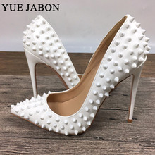 Pointed Toe White PU high heels patent exclusive brand needle rivet shallow mouth pumps wave 8/10/12cm heels Party Wedding Shoes 2024 - buy cheap