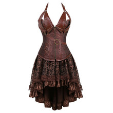 Feminino plus size steampunk espartilhos vestido vitoriano gótico frente zip corset bustier falso saias de couro conjunto marrom preto dia das bruxas 2024 - compre barato