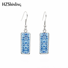 2019 New Chinese Porcelain Floral Rectangular Earring Blue Pattern Square Fish Hook Earrings Glass Dome Jewelry 2024 - buy cheap