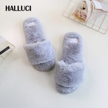 Summer ice silk plush velvet home slippers women fluffy peep-toe simple soft indoor sandals ladies shoes slides fur slippers 2024 - buy cheap