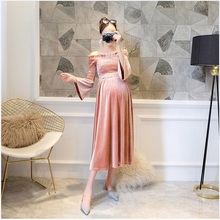 2018 Shoulderless pregnancy spring dress maternity photography props long sleeve dress pregnancy maternity garments 2024 - buy cheap