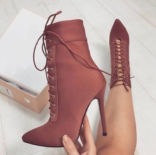 Customized Plus Size Women Booties Pointed Toe Lace-up Stretch Fabric Women Winter Boots 2018 Fashion Thin Heels Zipper Boot 2024 - buy cheap