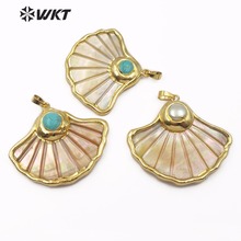 WT-JP101 WKT Natural Shell Pearl Pendant Ginkgo Leaf Fan Shaped Shell Pendant Gold bezel with Pearl and Gem-stone Ladies Jewelry 2024 - buy cheap