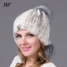JKP-sombreros de Piel de visón Natural auténtica para mujer, gorro de zorro plateado, gorro ruso con pompón de escamas de sal, moda de invierno 2020 2024 - compra barato