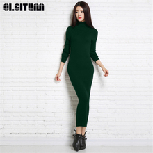 New Women Autumn/Winter Fashion High Collar Long Wool Dress Long-sleeved Slim Solid Color S-2XL Knit Vestido Black Gray Red 2024 - buy cheap