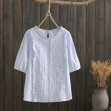 2019 new summer women Japan style fresh Lace cotton blouse mori girl embroidery O-Neck short sleeve casual shirt tops women 2024 - buy cheap
