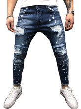 Мужские облегающие Прямые рваные Стрейчевые плиссированные джинсы с заплатками на коленях 2024 - купить недорого