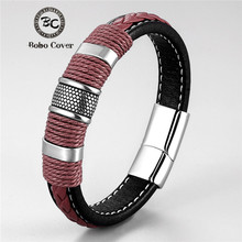 Pulseira de couro genuíno feminina, bracelete trançado artesanal com fivela de aço inoxidável preto/vermelho/azul cores 2024 - compre barato