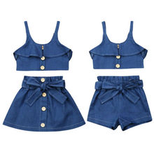 Conjunto de ropa de verano para niñas pequeñas, traje de tirantes azules, chaleco con nudo, Tops, pantalones cortos, faldas, 2 uds. 2024 - compra barato